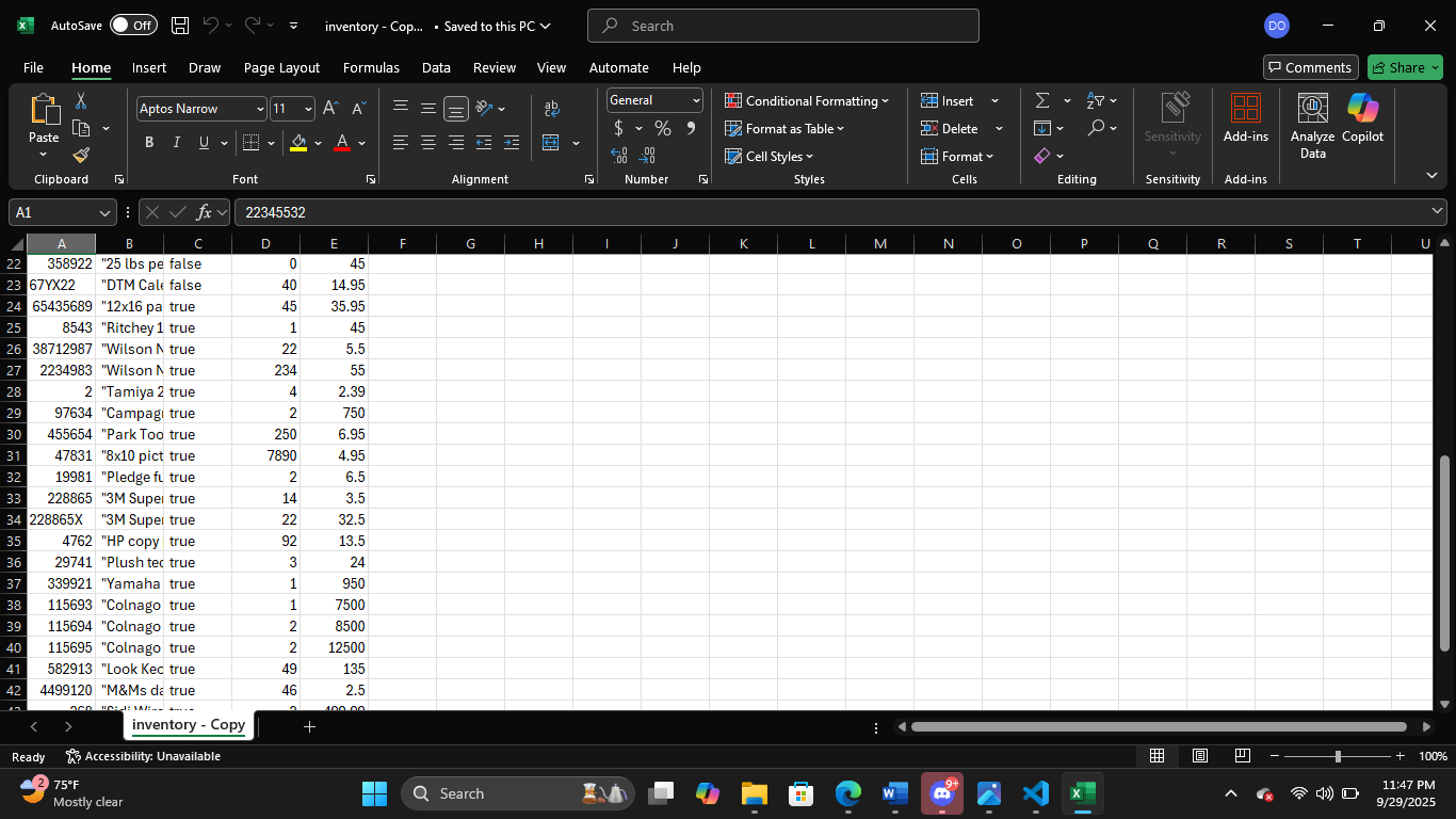 inventory.csv opened in Excel, additional view